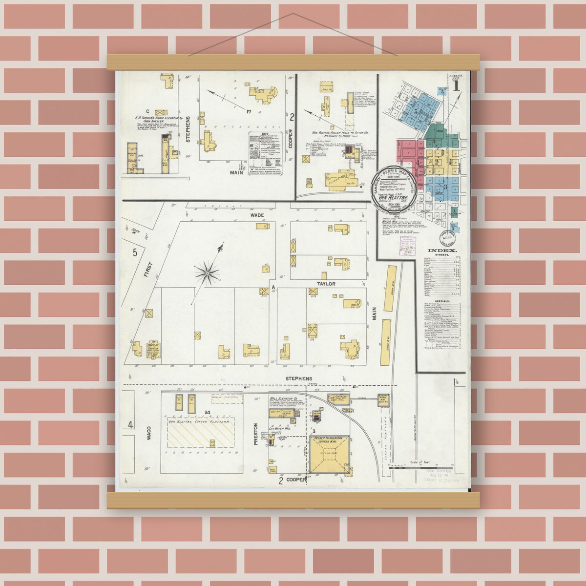 Old map wall art mockup — magnetic wood frame on brick wall — Sanborn Fire Insurance Map from Van Alstyne, Grayson County, Texas (1901), Sheet #0001