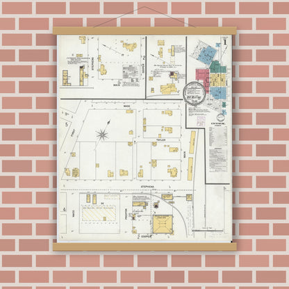 Old map wall art mockup — magnetic wood frame on brick wall — Sanborn Fire Insurance Map from Van Alstyne, Grayson County, Texas (1901), Sheet #0001