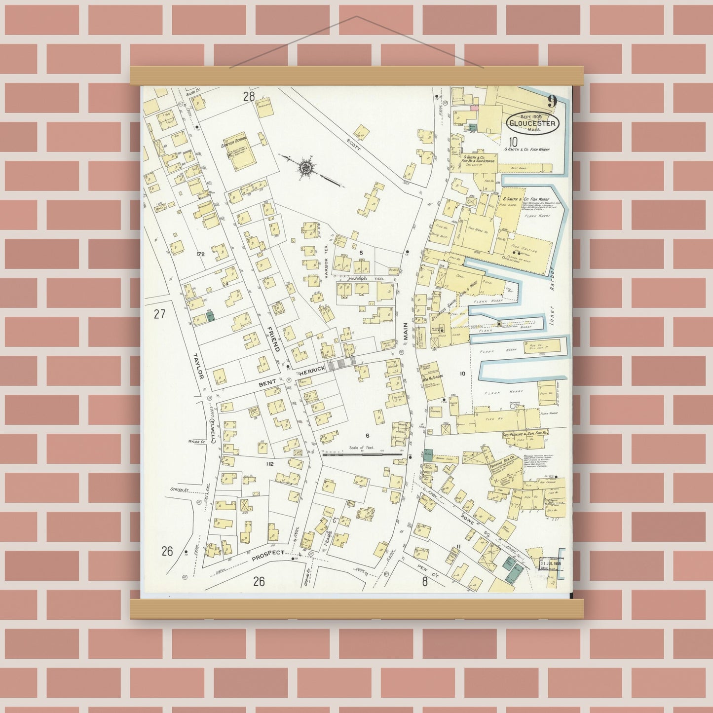 Old map wall art mockup — magnetic wood frame on brick wall — Sanborn Fire Insurance Map from Gloucester, Essex County, Massachusetts (1909), Sheet #0009