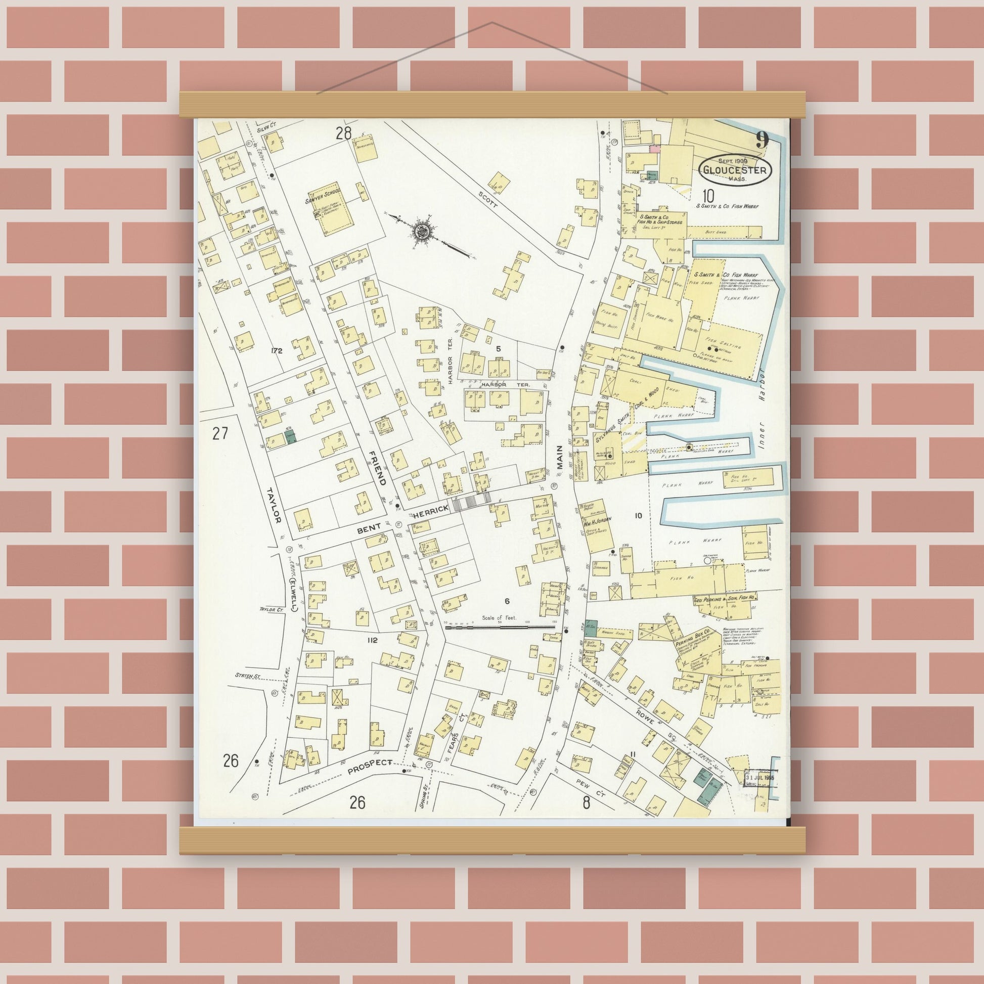 Old map wall art mockup — magnetic wood frame on brick wall — Sanborn Fire Insurance Map from Gloucester, Essex County, Massachusetts (1909), Sheet #0009