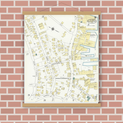 Old map wall art mockup — magnetic wood frame on brick wall — Sanborn Fire Insurance Map from Gloucester, Essex County, Massachusetts (1909), Sheet #0009