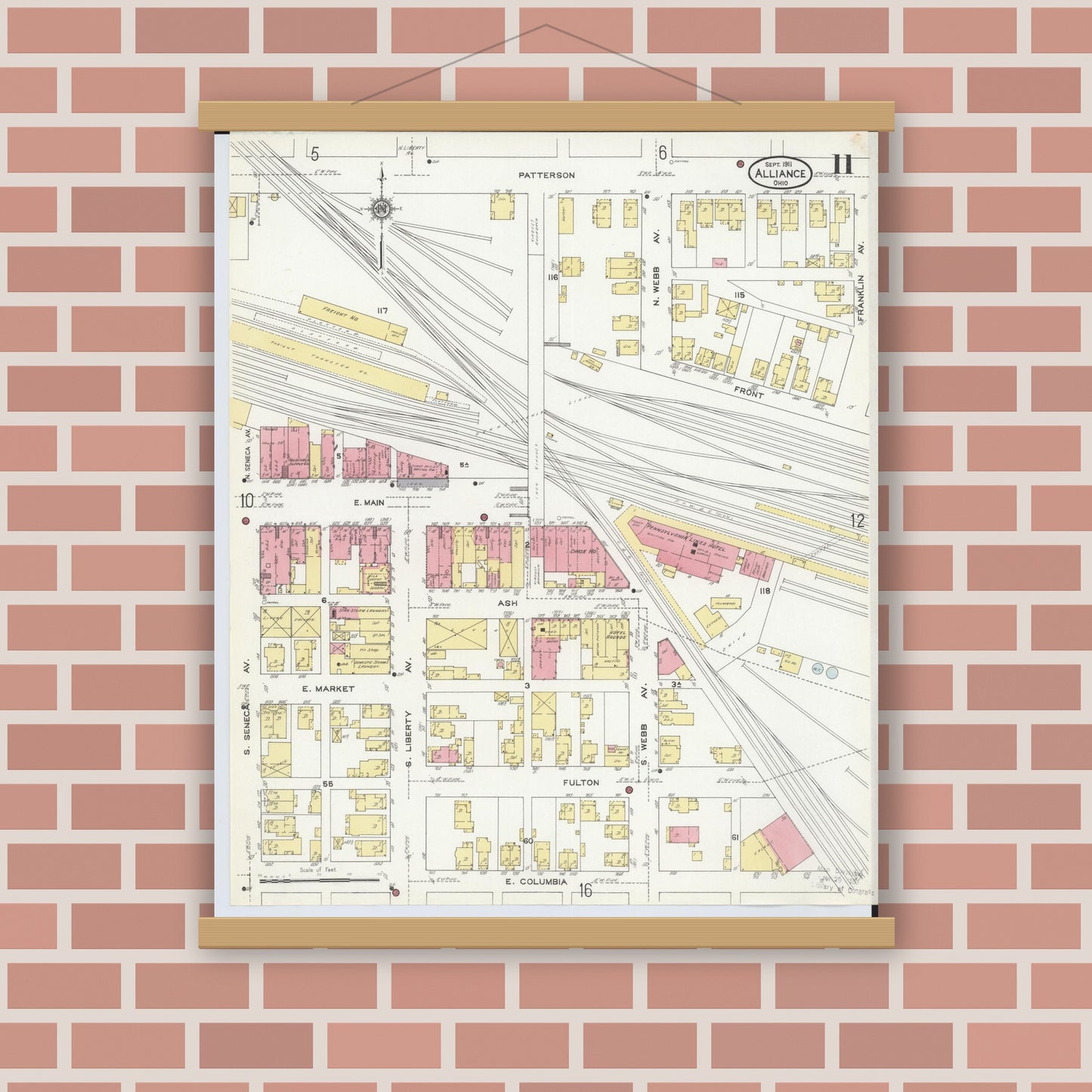 Old map wall art mockup — magnetic wood frame on brick wall — Sanborn Fire Insurance Map from Alliance, Stark County, Ohio (1911), Sheet #0011