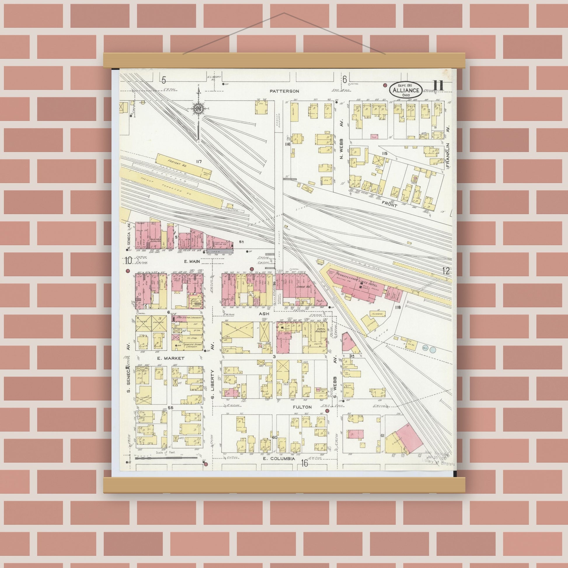 Old map wall art mockup — magnetic wood frame on brick wall — Sanborn Fire Insurance Map from Alliance, Stark County, Ohio (1911), Sheet #0011