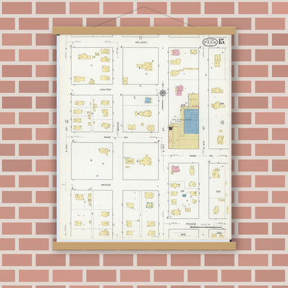 Old map wall art mockup — magnetic wood frame on brick wall — Sanborn Fire Insurance Map from Pekin, Tazewell County, Illinois (1916), Sheet #0015