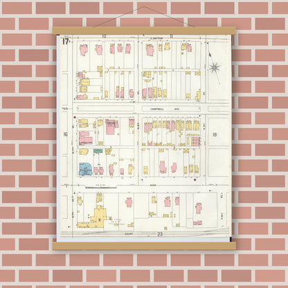 Old map wall art mockup — magnetic wood frame on brick wall — Sanborn Fire Insurance Map from Hamilton, Butler County, Ohio (1899), Sheet #0017