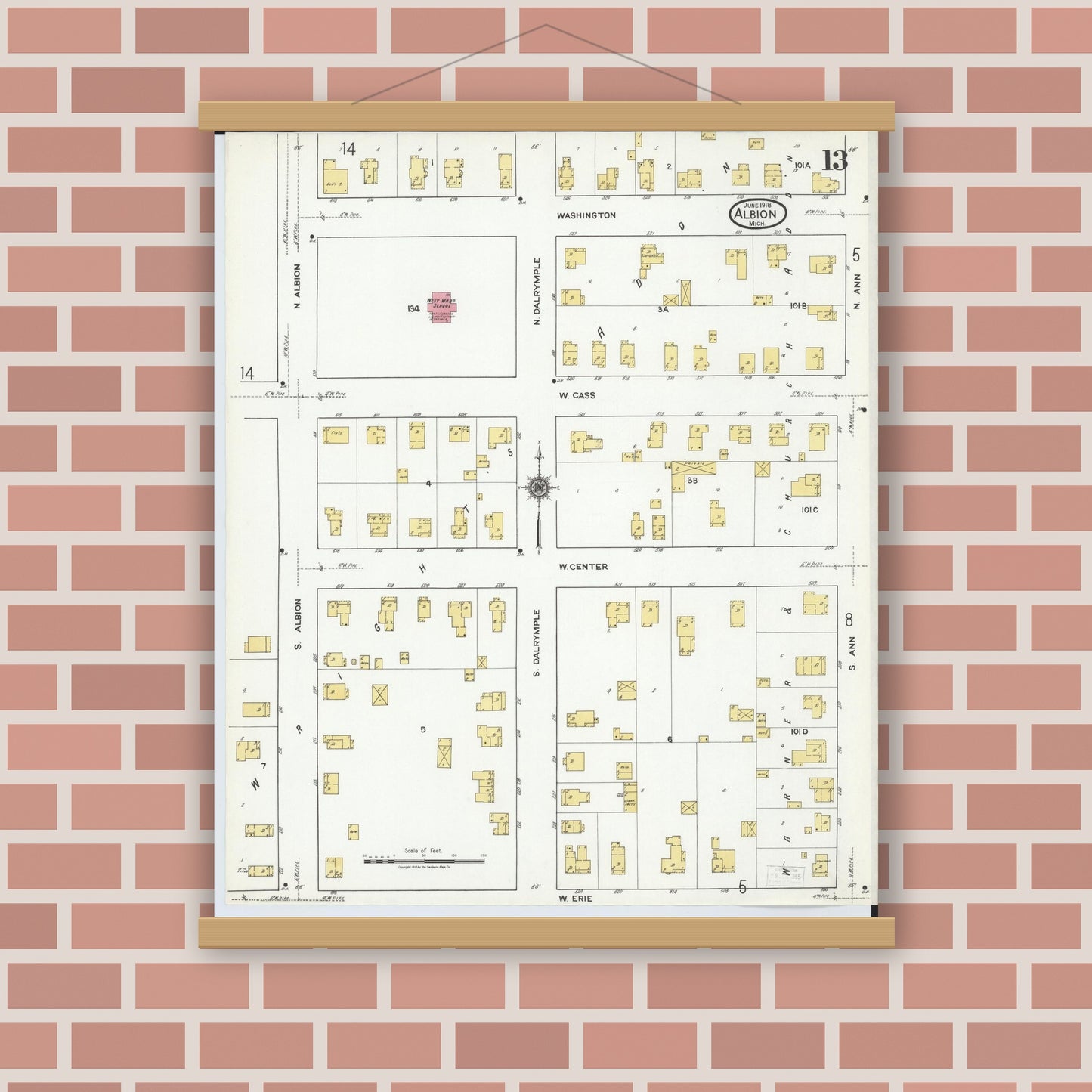 Old map wall art mockup — magnetic wood frame on brick wall — Sanborn Fire Insurance Map from Albion, Calhoun County, Michigan (1918), Sheet #0013