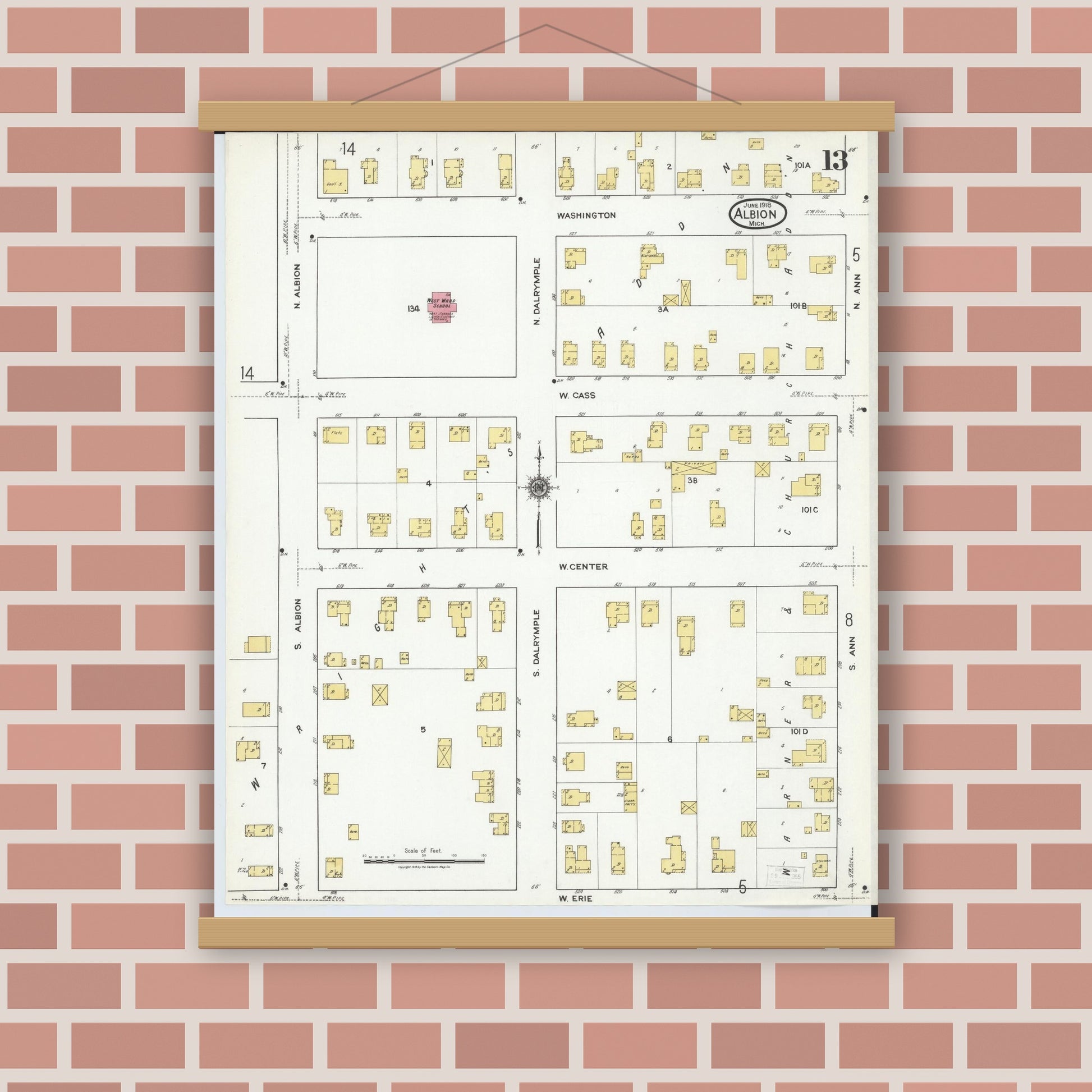 Old map wall art mockup — magnetic wood frame on brick wall — Sanborn Fire Insurance Map from Albion, Calhoun County, Michigan (1918), Sheet #0013