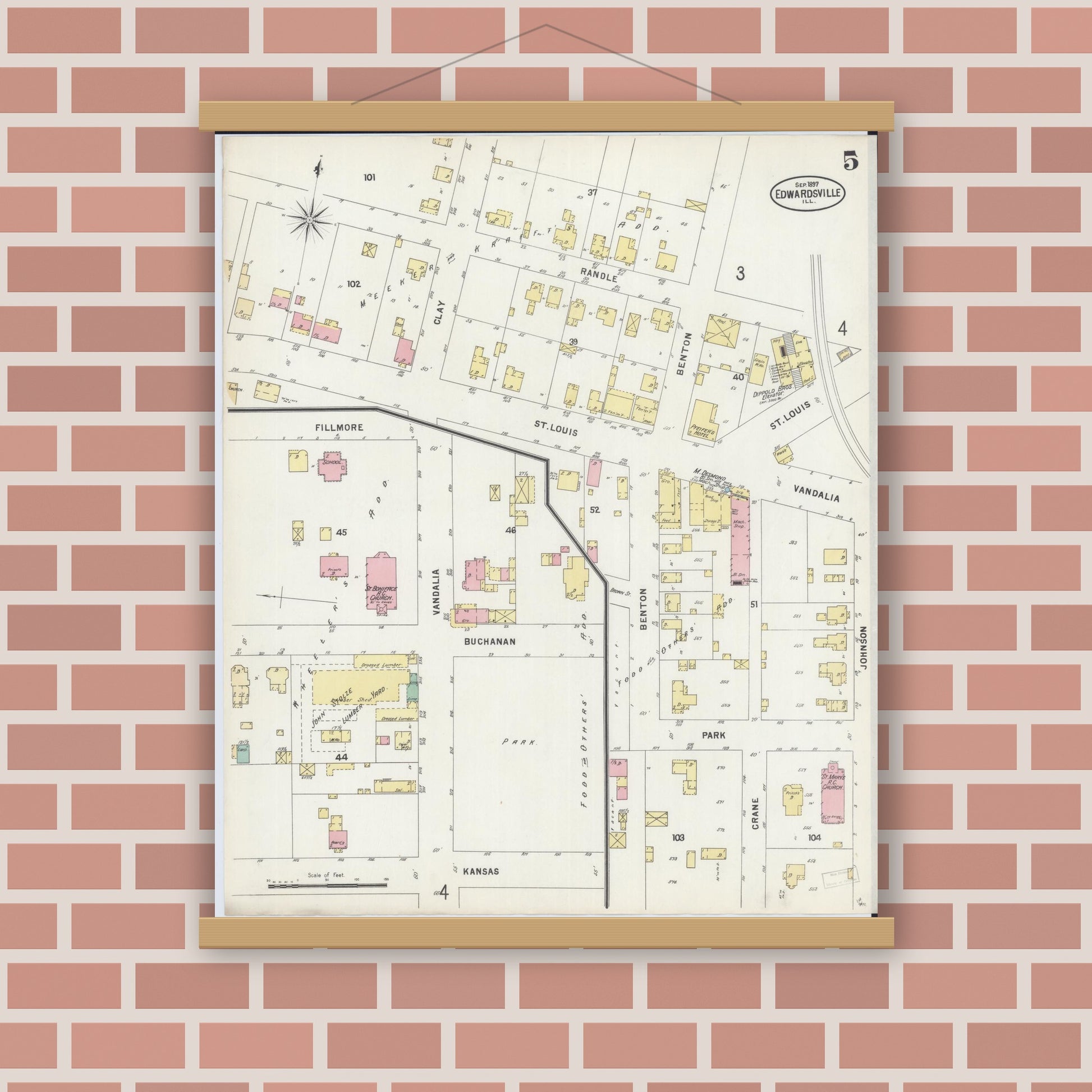 Old map wall art mockup — magnetic wood frame on brick wall — Sanborn Fire Insurance Map from Edwardsville, Madison County, Illinois (1897), Sheet #0005