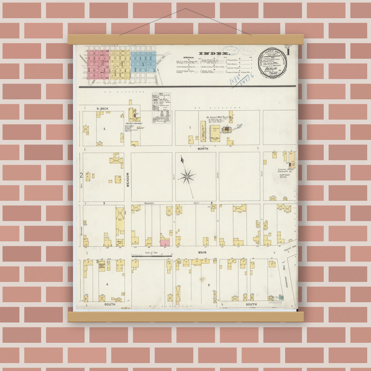Old map wall art mockup — magnetic wood frame on brick wall — Sanborn Fire Insurance Map from Berlin, Somerset County, Pennsylvania (1898) - Complete Map Set