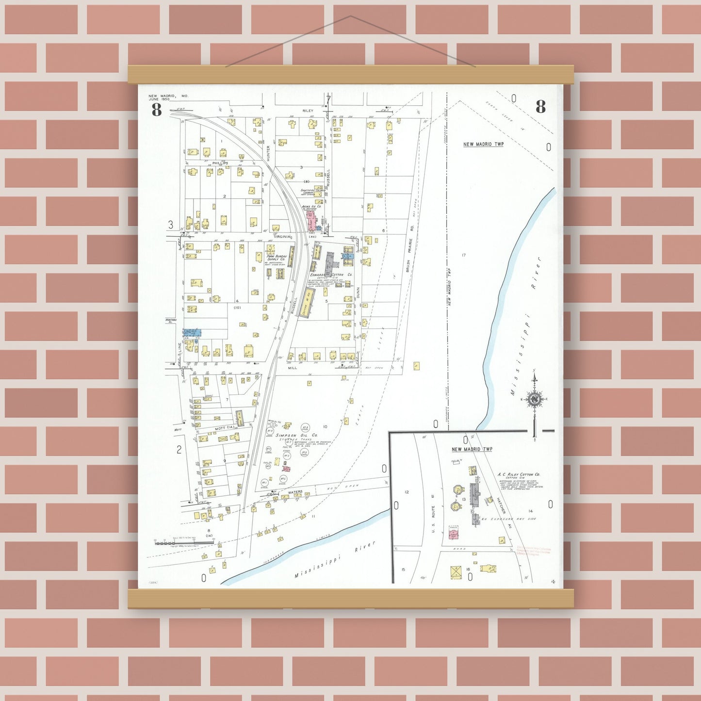 Old map wall art mockup — magnetic wood frame on brick wall — Sanborn Fire Insurance Map from New Madrid, New Madrid County, Missouri (1950), Sheet #0008