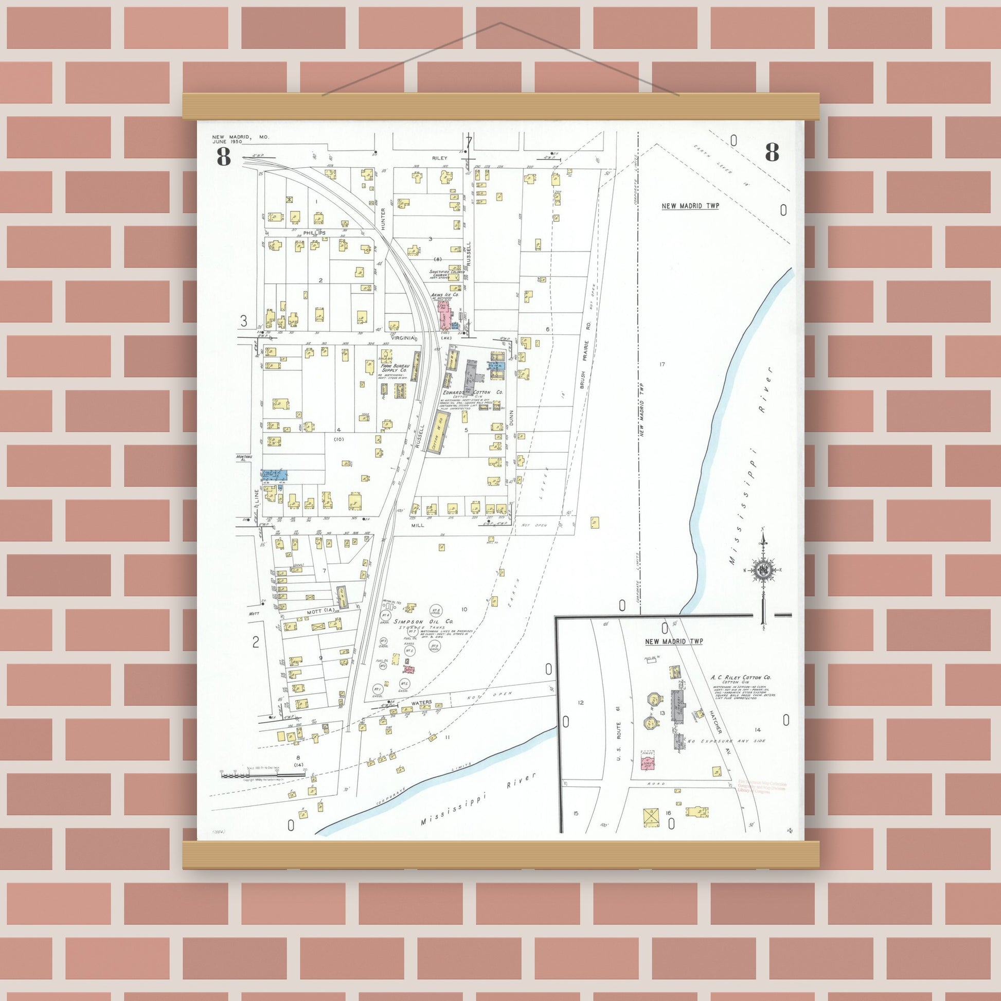 Old map wall art mockup — magnetic wood frame on brick wall — Sanborn Fire Insurance Map from New Madrid, New Madrid County, Missouri (1950), Sheet #0008