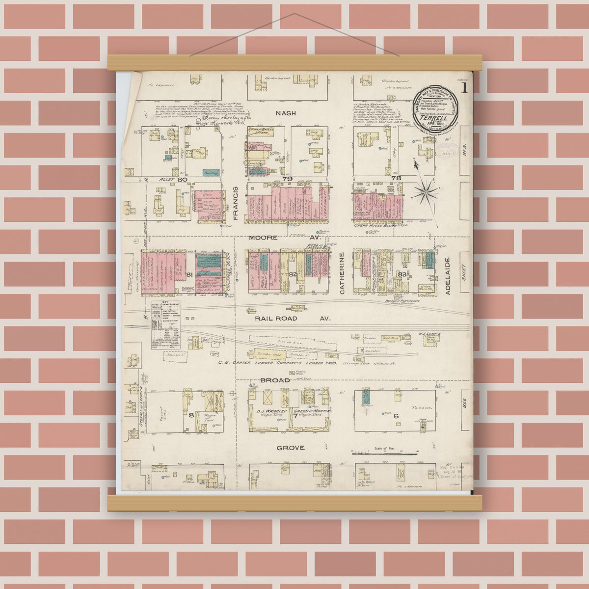Old map wall art mockup — magnetic wood frame on brick wall — Sanborn Fire Insurance Map from Terrell, Kaufman County, Texas (1885) - Complete Map Set