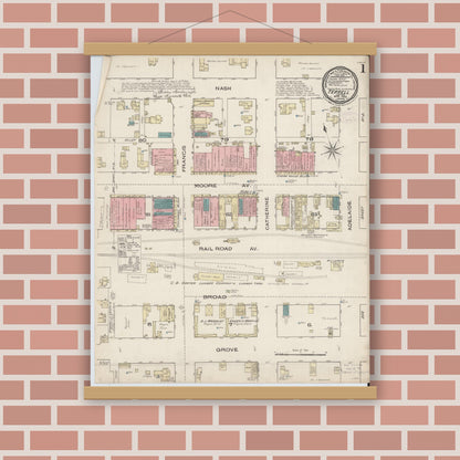 Old map wall art mockup — magnetic wood frame on brick wall — Sanborn Fire Insurance Map from Terrell, Kaufman County, Texas (1885) - Complete Map Set