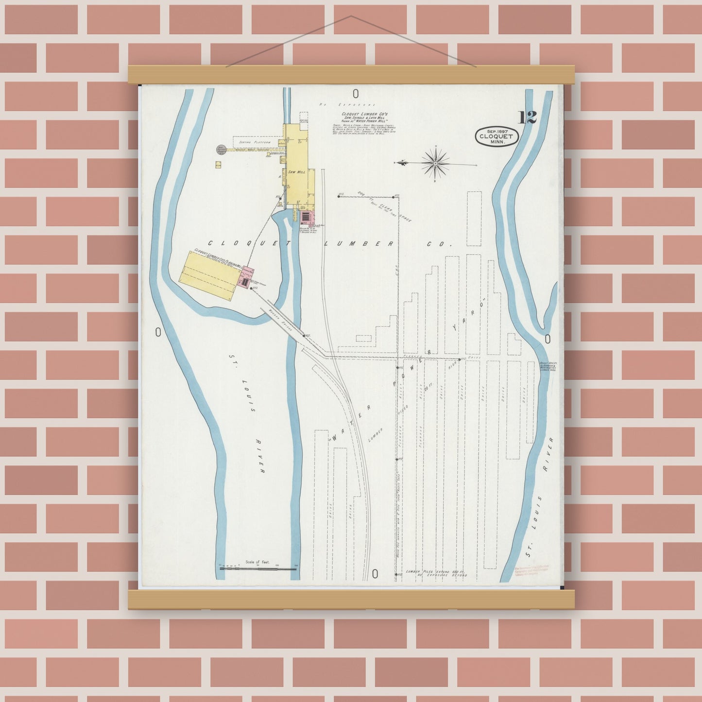 Old map wall art mockup — magnetic wood frame on brick wall — Sanborn Fire Insurance Map from Cloquet, Carlton County, Minnesota (1897), Sheet #0012