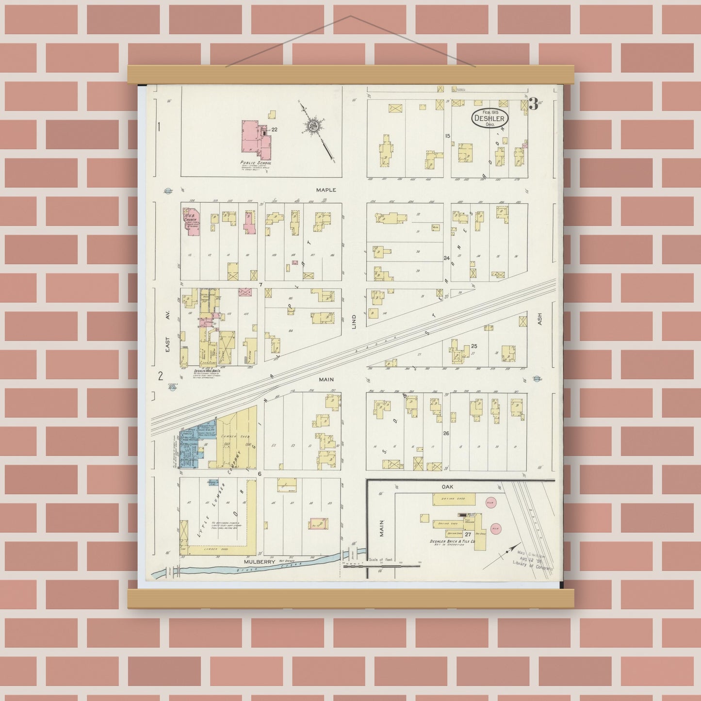 Old map wall art mockup — magnetic wood frame on brick wall — Sanborn Fire Insurance Map from Deshler, Henry County, Ohio (1915), Sheet #0003