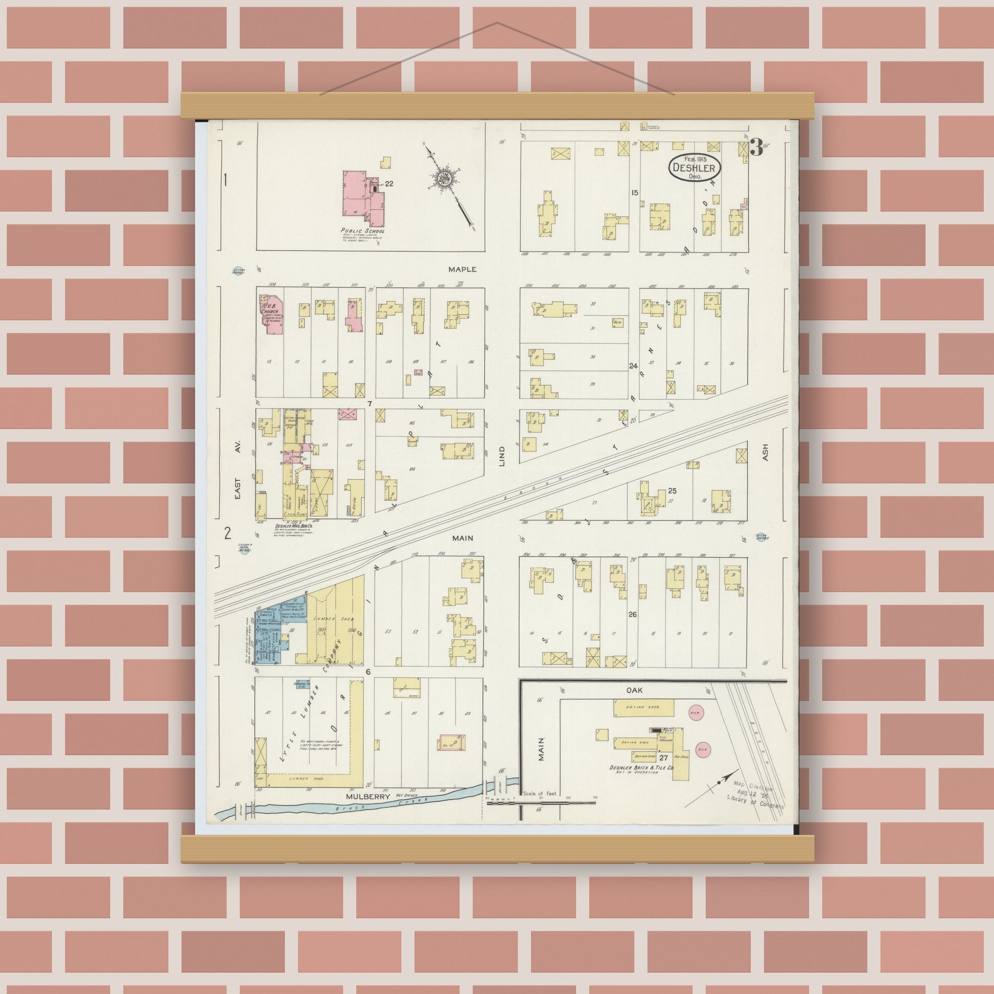 Old map wall art mockup — magnetic wood frame on brick wall — Sanborn Fire Insurance Map from Deshler, Henry County, Ohio (1915), Sheet #0003