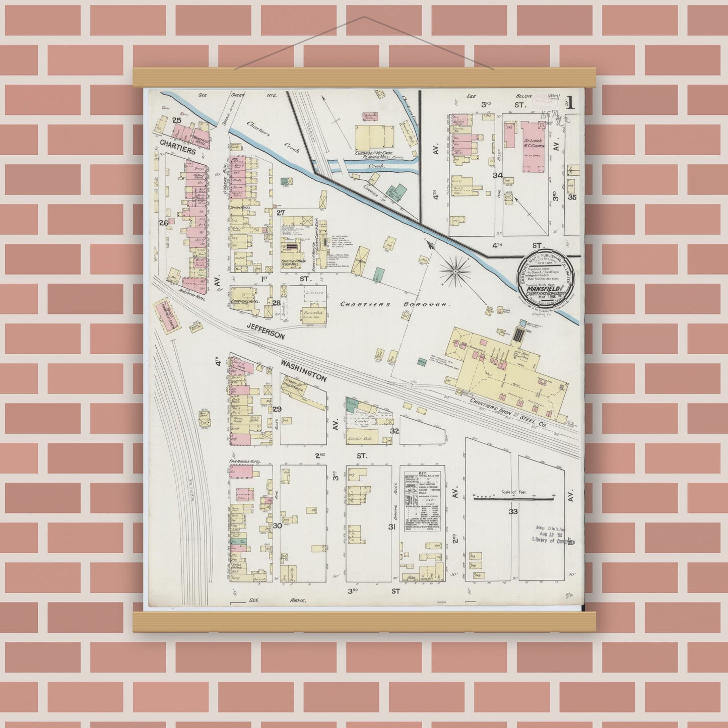 Old map wall art mockup — magnetic wood frame on brick wall — Sanborn Fire Insurance Map from Mansfield Borough, Allegheny County, Pennsylvania (1889) - Complete Map Set