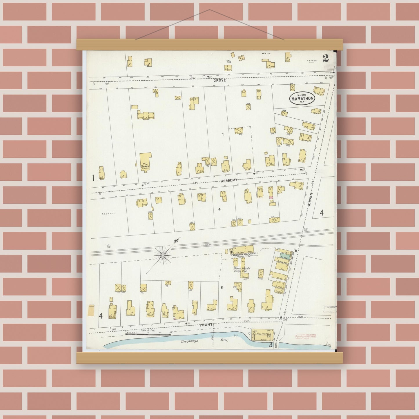 Old map wall art mockup — magnetic wood frame on brick wall — Sanborn Fire Insurance Map from Marathon, Cortland County, New York (1898), Sheet #0002