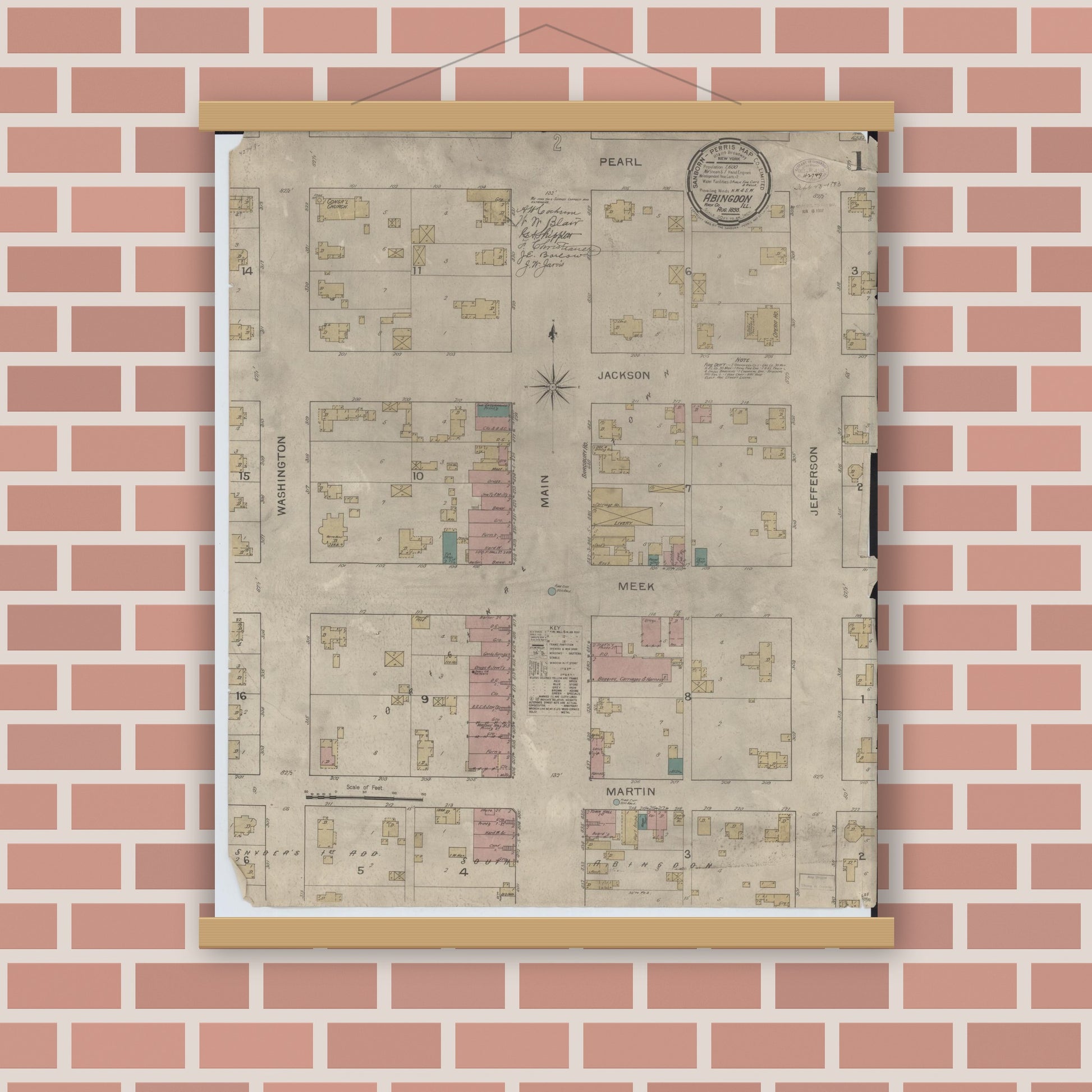 Old map wall art mockup — magnetic wood frame on brick wall — Sanborn Fire Insurance Map from Abingdon, Knox County, Illinois (1893) - Complete Map Set