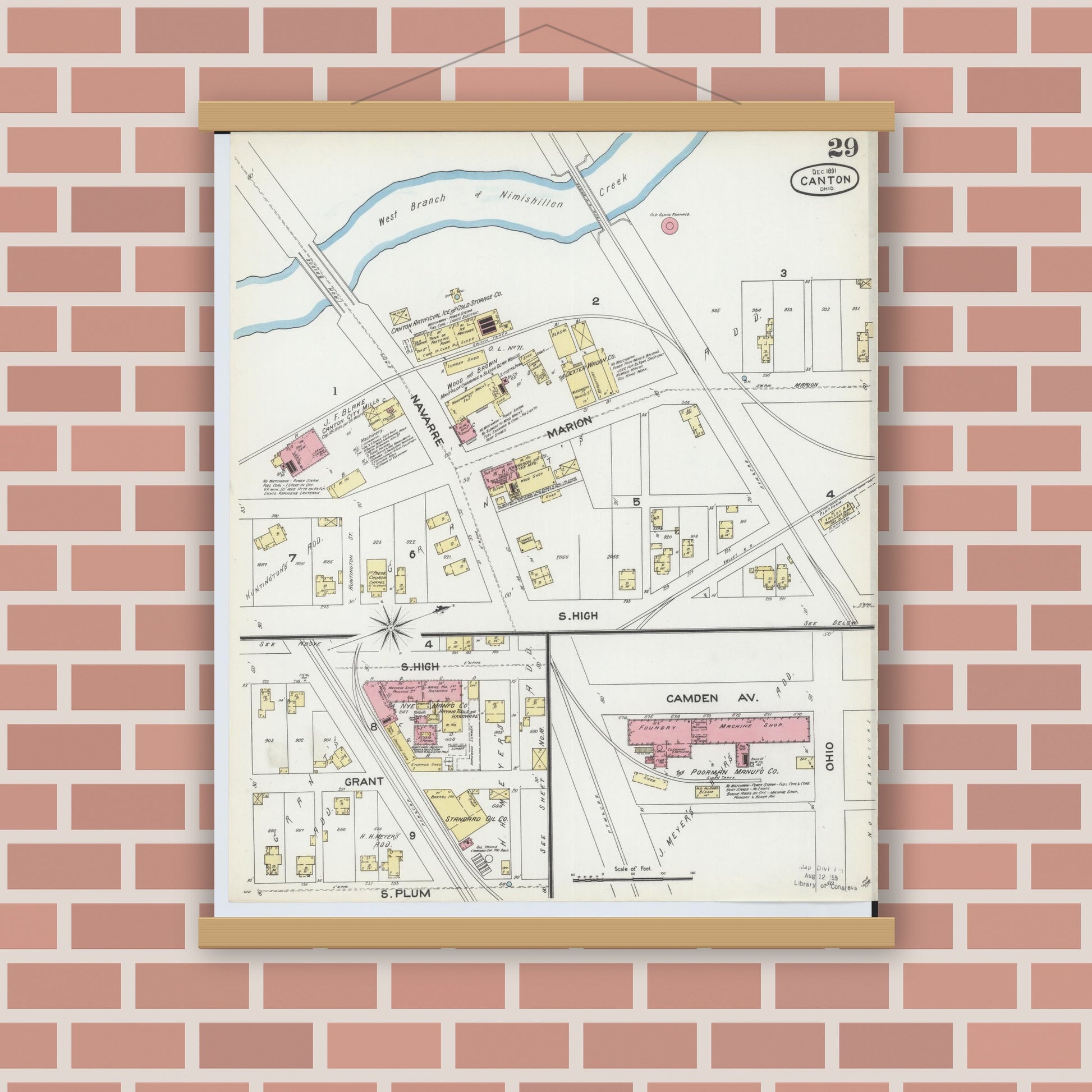 Old map wall art mockup — magnetic wood frame on brick wall — Sanborn Fire Insurance Map from Canton, Stark County, Ohio (1891), Sheet #0029