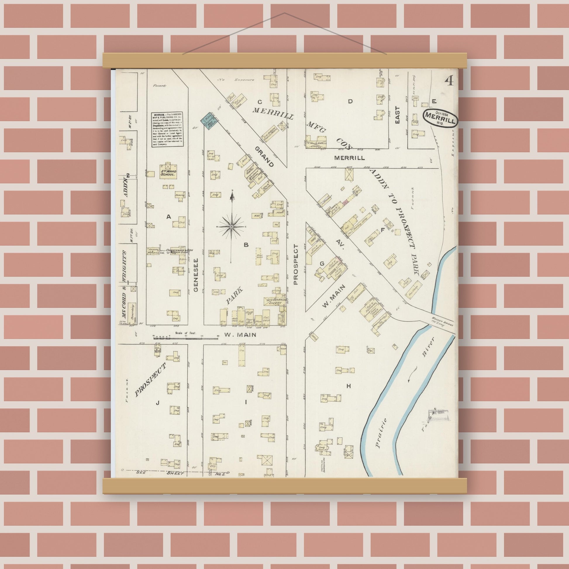 Old map wall art mockup — magnetic wood frame on brick wall — Sanborn Fire Insurance Map from Merrill, Lincoln County, Wisconsin (1884), Sheet #0004