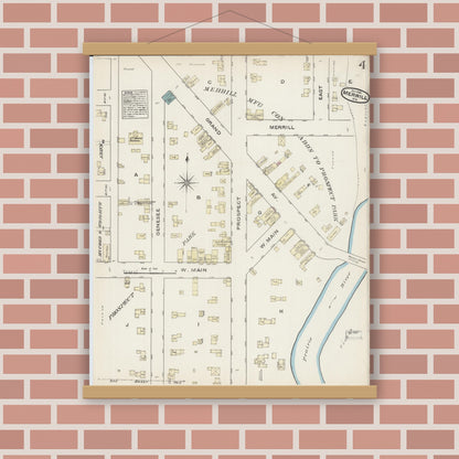 Old map wall art mockup — magnetic wood frame on brick wall — Sanborn Fire Insurance Map from Merrill, Lincoln County, Wisconsin (1884), Sheet #0004