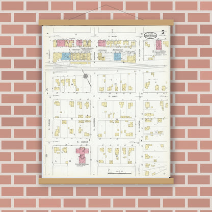 Old map wall art mockup — magnetic wood frame on brick wall — Sanborn Fire Insurance Map from Morrison, Whiteside County, Illinois (1912), Sheet #0005