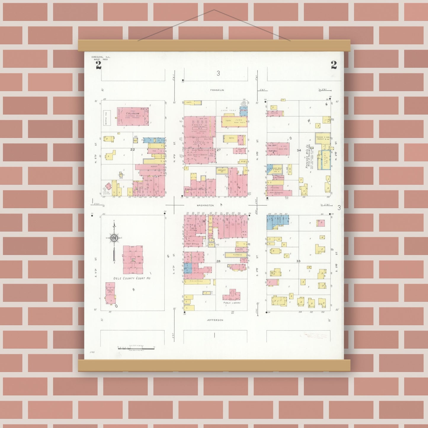 Old map wall art mockup — magnetic wood frame on brick wall — Sanborn Fire Insurance Map from Oregon, Ogle County, Illinois (1933), Sheet #0002