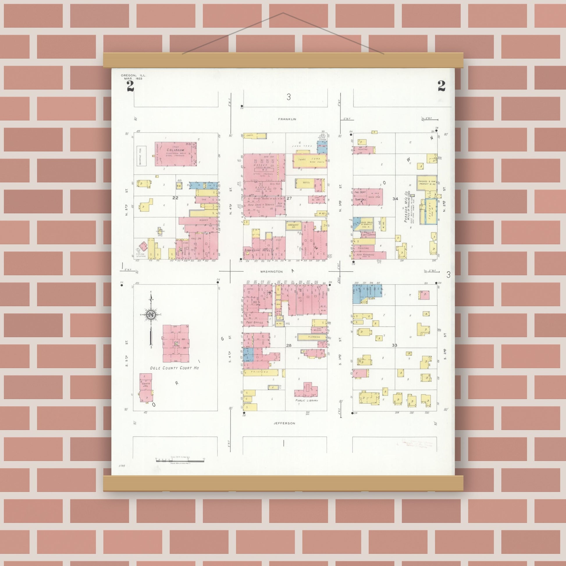 Old map wall art mockup — magnetic wood frame on brick wall — Sanborn Fire Insurance Map from Oregon, Ogle County, Illinois (1933), Sheet #0002