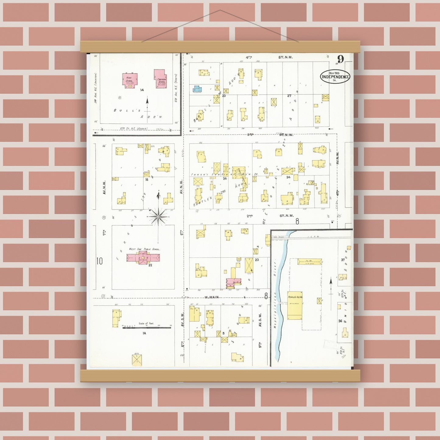 Old map wall art mockup — magnetic wood frame on brick wall — Sanborn Fire Insurance Map from Independence, Buchanan County, Iowa (1905), Sheet #0009