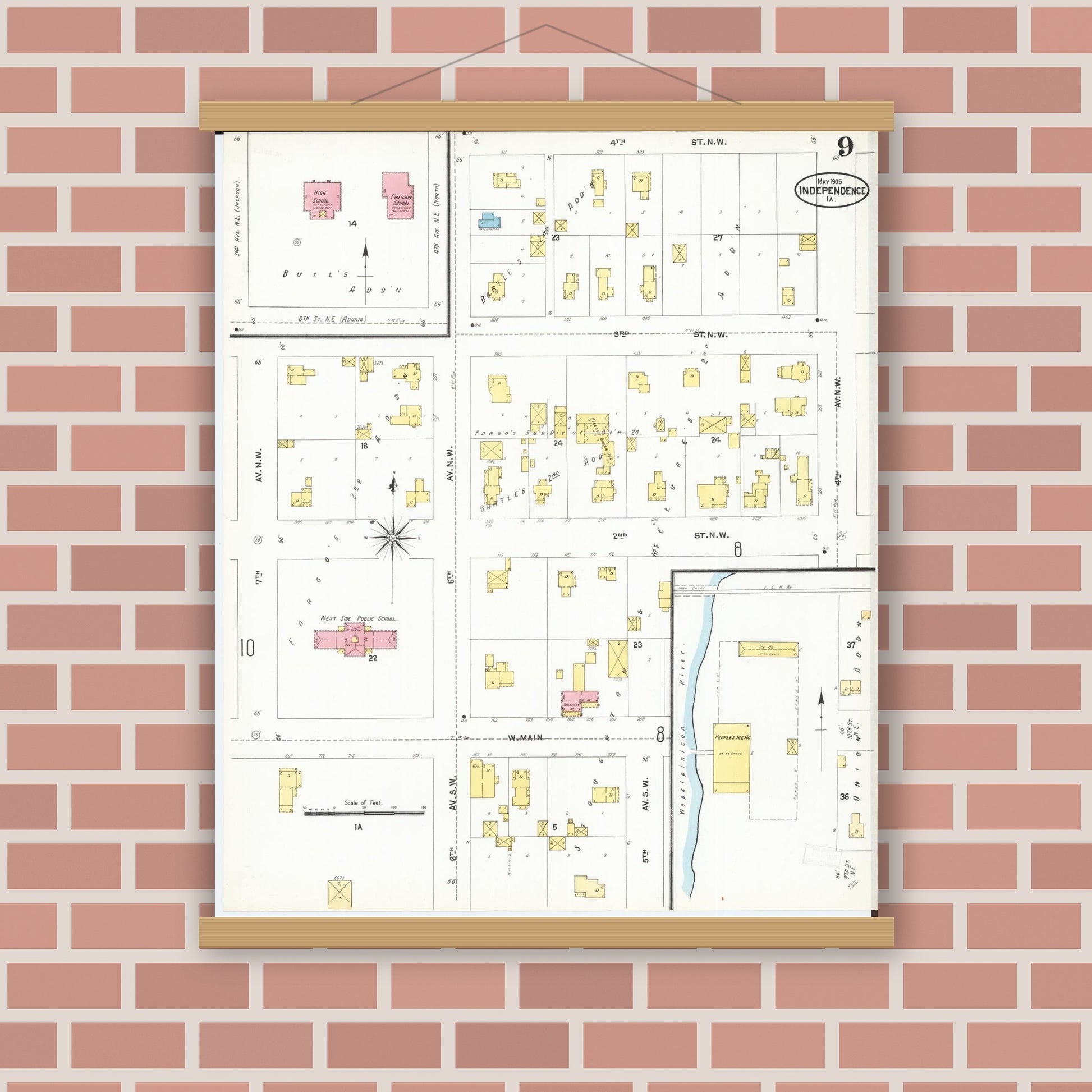 Old map wall art mockup — magnetic wood frame on brick wall — Sanborn Fire Insurance Map from Independence, Buchanan County, Iowa (1905), Sheet #0009