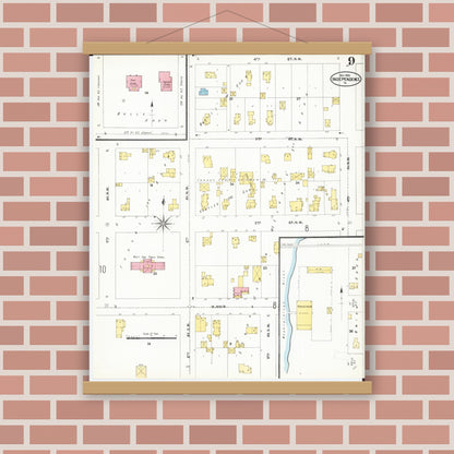 Old map wall art mockup — magnetic wood frame on brick wall — Sanborn Fire Insurance Map from Independence, Buchanan County, Iowa (1905), Sheet #0009