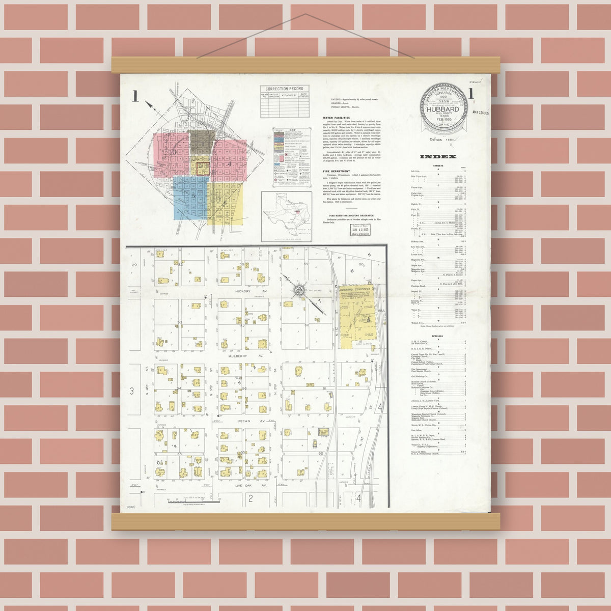Old map wall art mockup — magnetic wood frame on brick wall — Sanborn Fire Insurance Map from Hubbard, Hill County, Texas (1935) - Complete Map Set