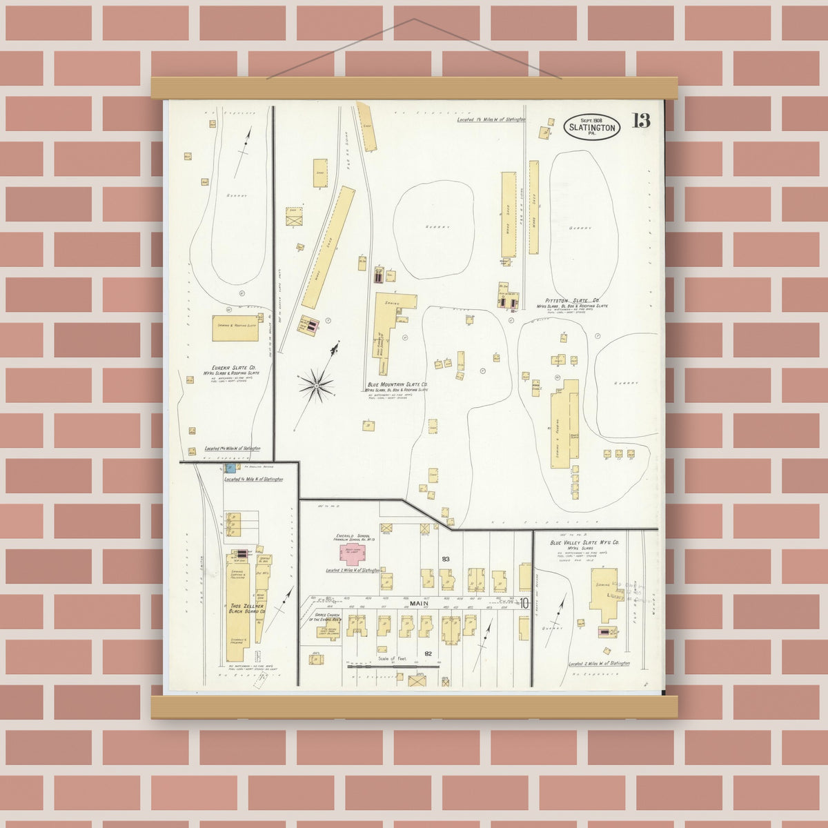 Old map wall art mockup — magnetic wood frame on brick wall — Sanborn Fire Insurance Map from Slatington, Lehigh County, Pennsylvania (1908), Sheet #0013