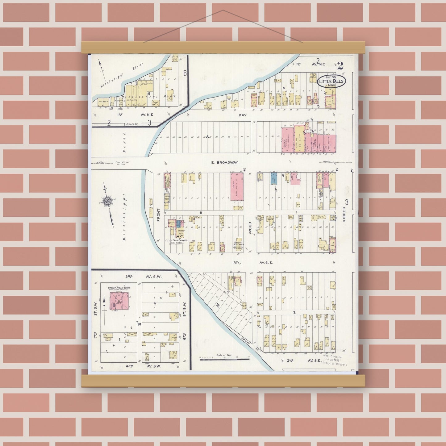 Old map wall art mockup — magnetic wood frame on brick wall — Sanborn Fire Insurance Map from Little Falls, Morrison County, Minnesota (1915), Sheet #0002