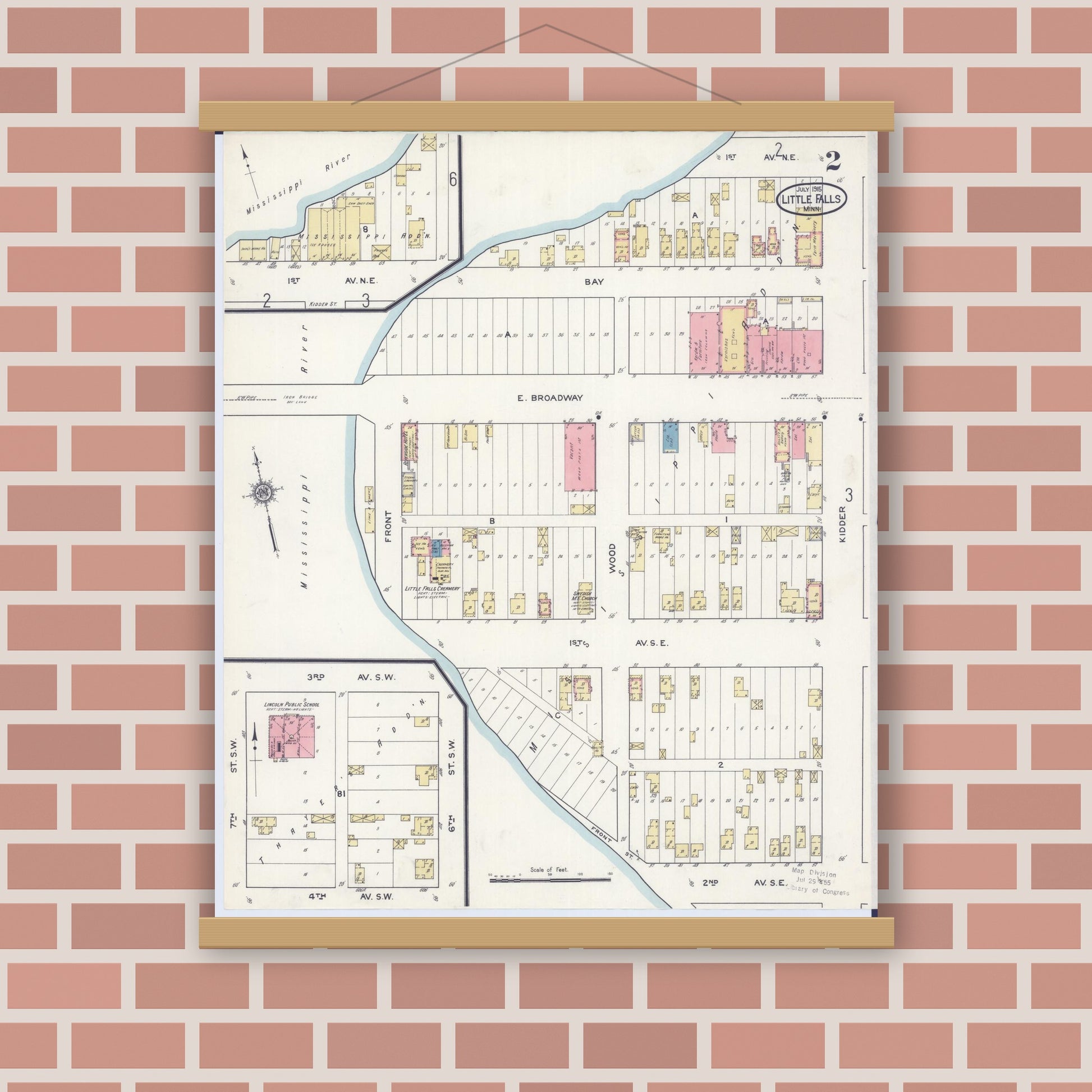 Old map wall art mockup — magnetic wood frame on brick wall — Sanborn Fire Insurance Map from Little Falls, Morrison County, Minnesota (1915), Sheet #0002