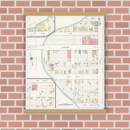 Old map wall art mockup — magnetic wood frame on brick wall — Sanborn Fire Insurance Map from Little Falls, Morrison County, Minnesota (1915), Sheet #0002