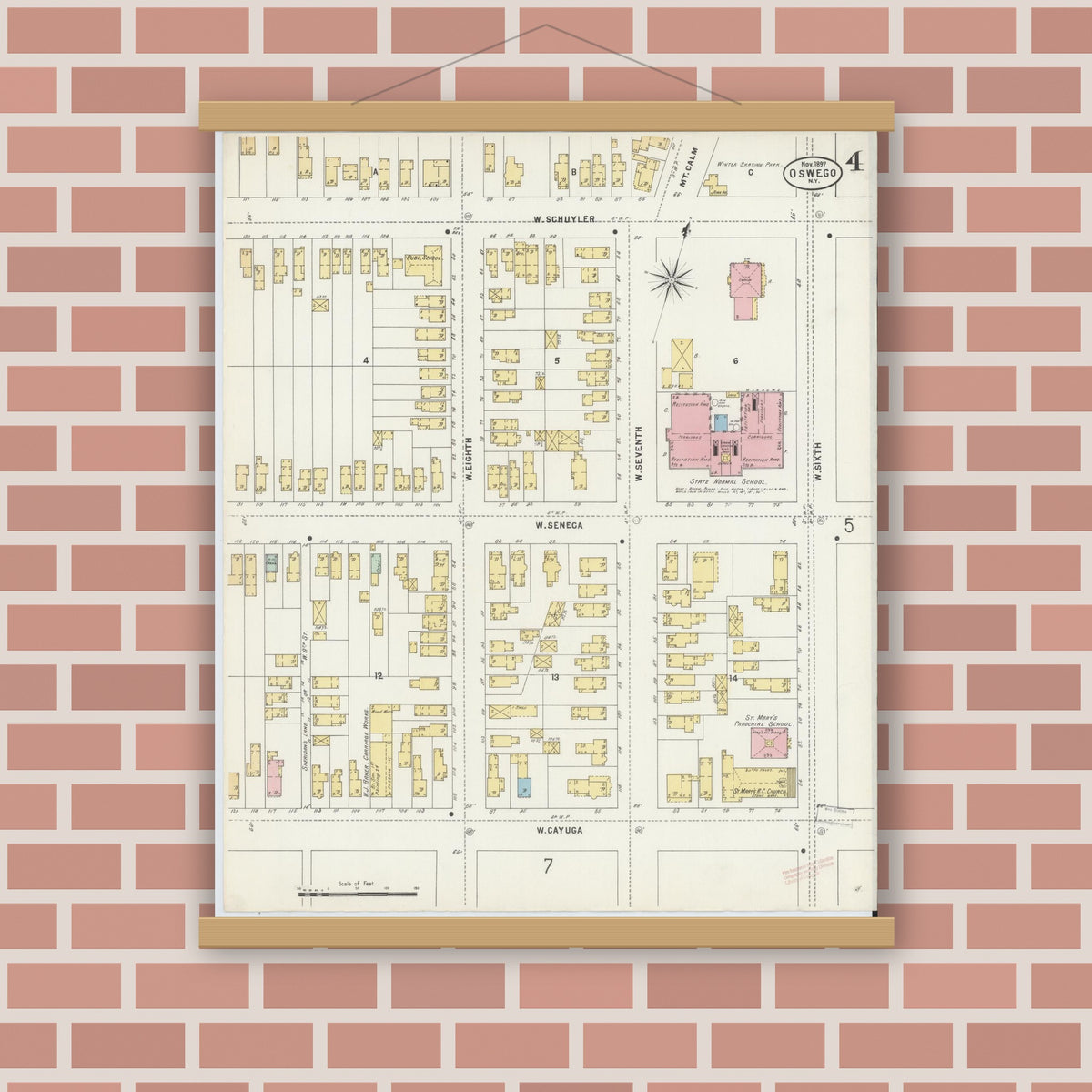 Old map wall art mockup — magnetic wood frame on brick wall — Sanborn Fire Insurance Map from Oswego, Oswego County, New York (1897), Sheet #0004