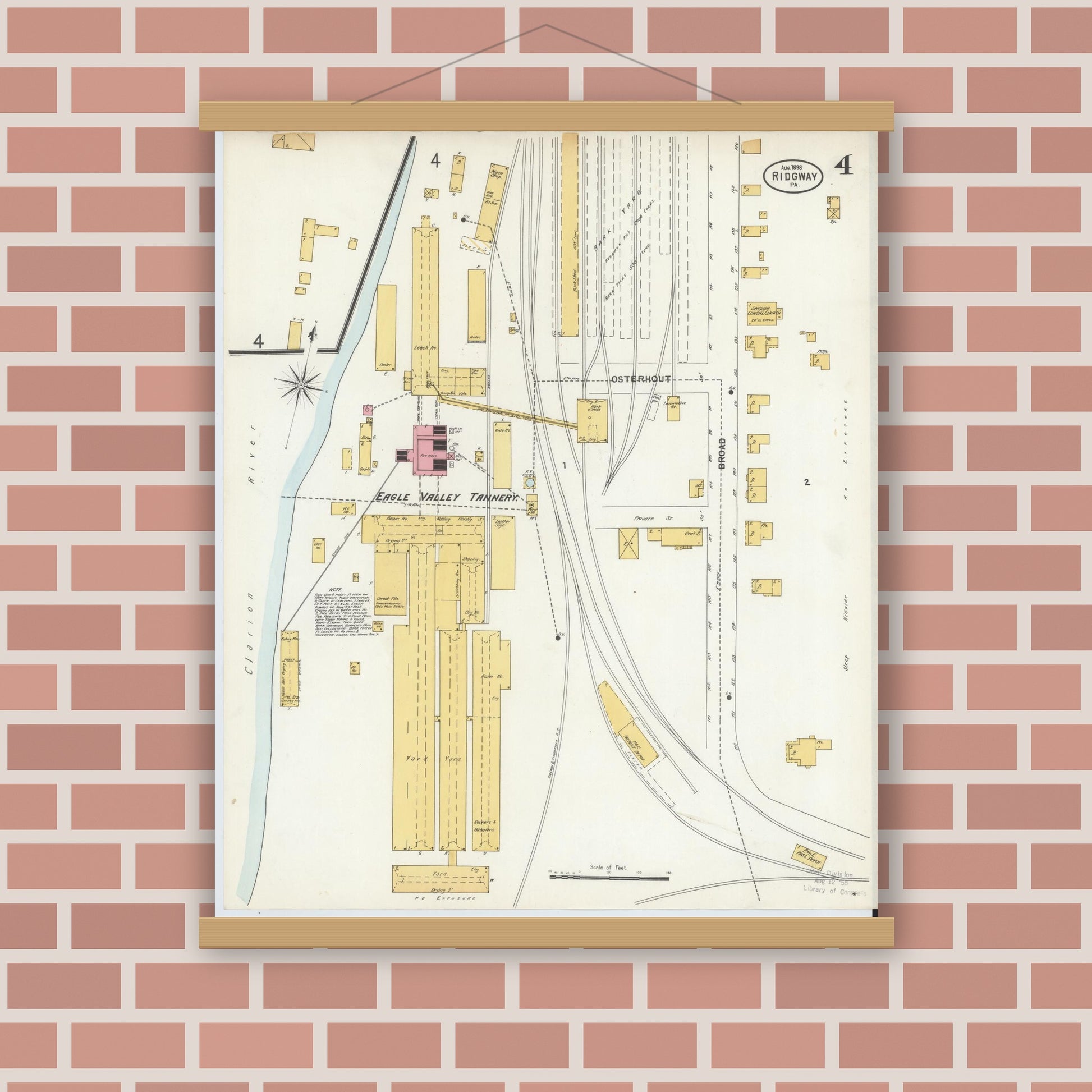 Old map wall art mockup — magnetic wood frame on brick wall — Sanborn Fire Insurance Map from Ridgway, Elk County, Pennsylvania (1898), Sheet #0004