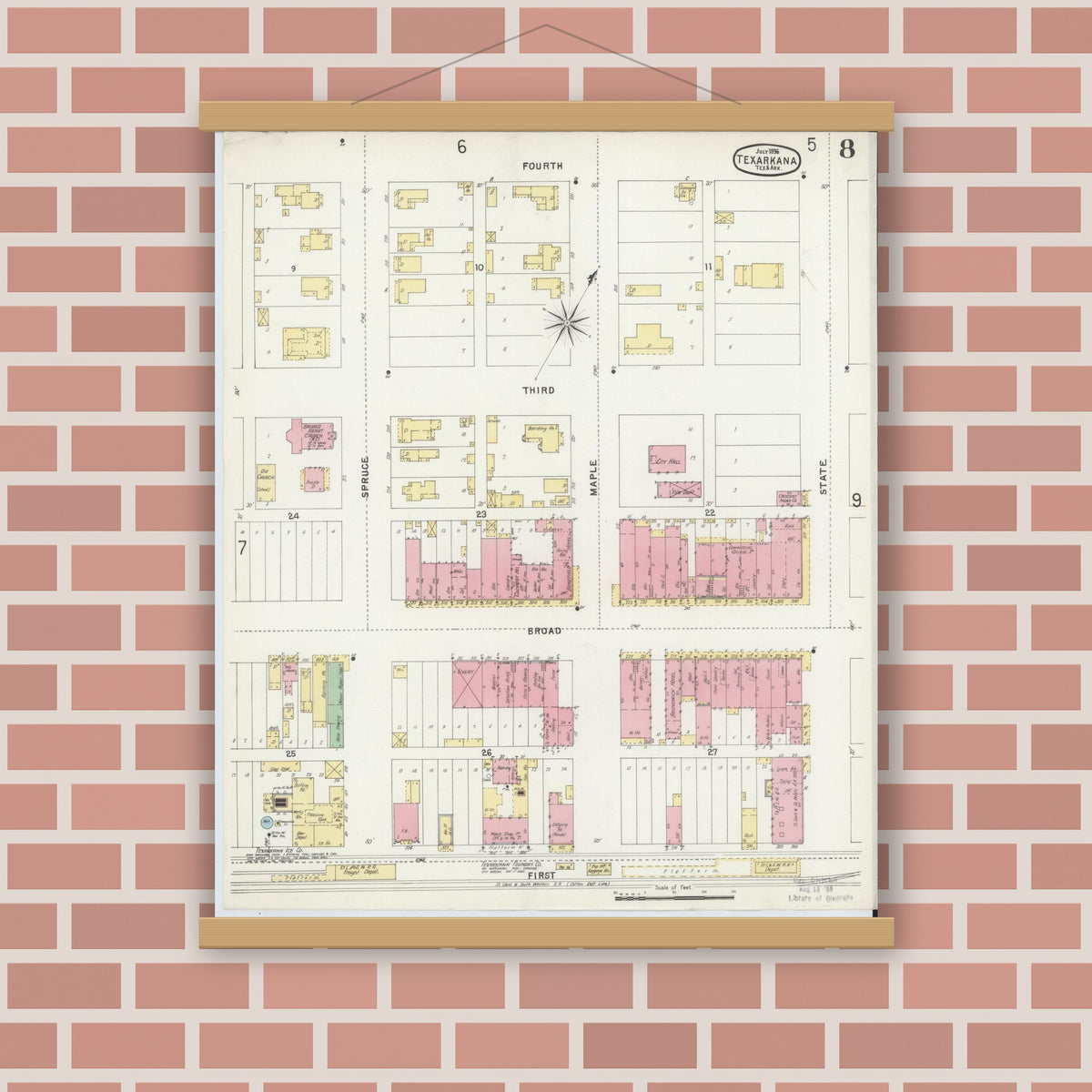 Old map wall art mockup — magnetic wood frame on brick wall — Sanborn Fire Insurance Map from Texarkana, Bowie County, Texas (1896), Sheet #0008
