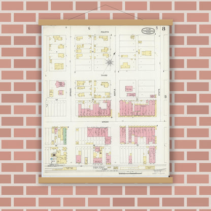 Old map wall art mockup — magnetic wood frame on brick wall — Sanborn Fire Insurance Map from Texarkana, Bowie County, Texas (1896), Sheet #0008