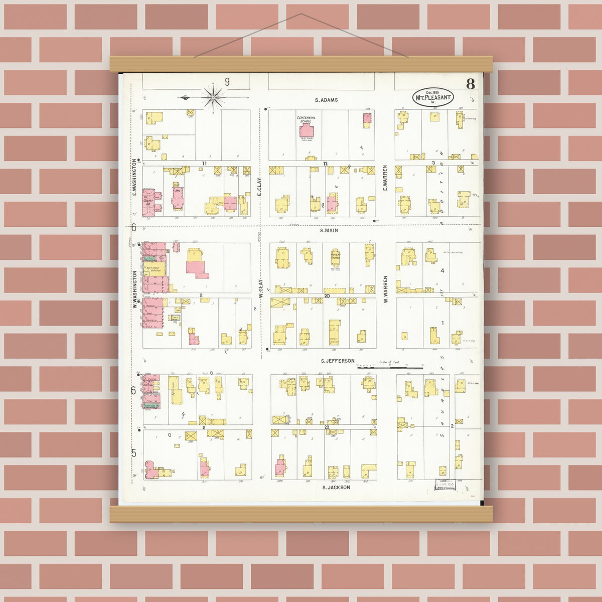 Old map wall art mockup — magnetic wood frame on brick wall — Sanborn Fire Insurance Map from Mount Pleasant, Henry County, Iowa (1899), Sheet #0008