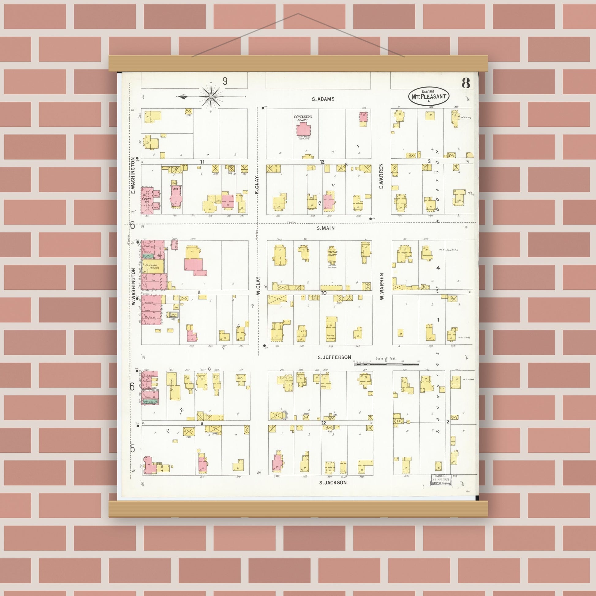 Old map wall art mockup — magnetic wood frame on brick wall — Sanborn Fire Insurance Map from Mount Pleasant, Henry County, Iowa (1899), Sheet #0008
