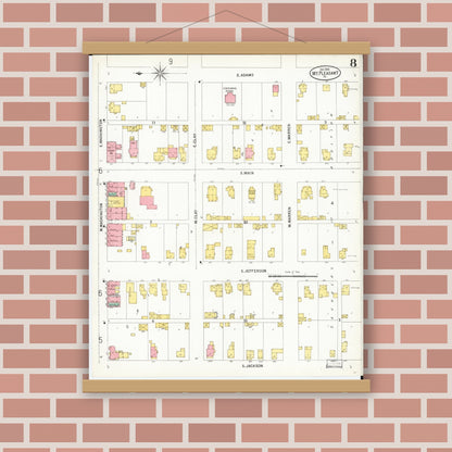 Old map wall art mockup — magnetic wood frame on brick wall — Sanborn Fire Insurance Map from Mount Pleasant, Henry County, Iowa (1899), Sheet #0008