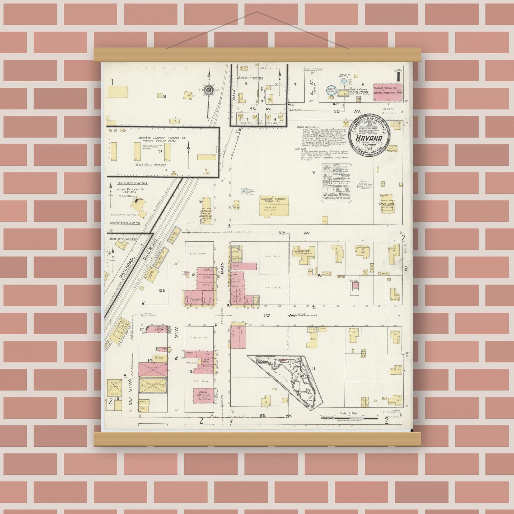 Old map wall art mockup — magnetic wood frame on brick wall — Sanborn Fire Insurance Map from Havana, Gadsden County, Florida (1917), Sheet #0001