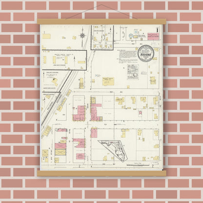 Old map wall art mockup — magnetic wood frame on brick wall — Sanborn Fire Insurance Map from Havana, Gadsden County, Florida (1917), Sheet #0001
