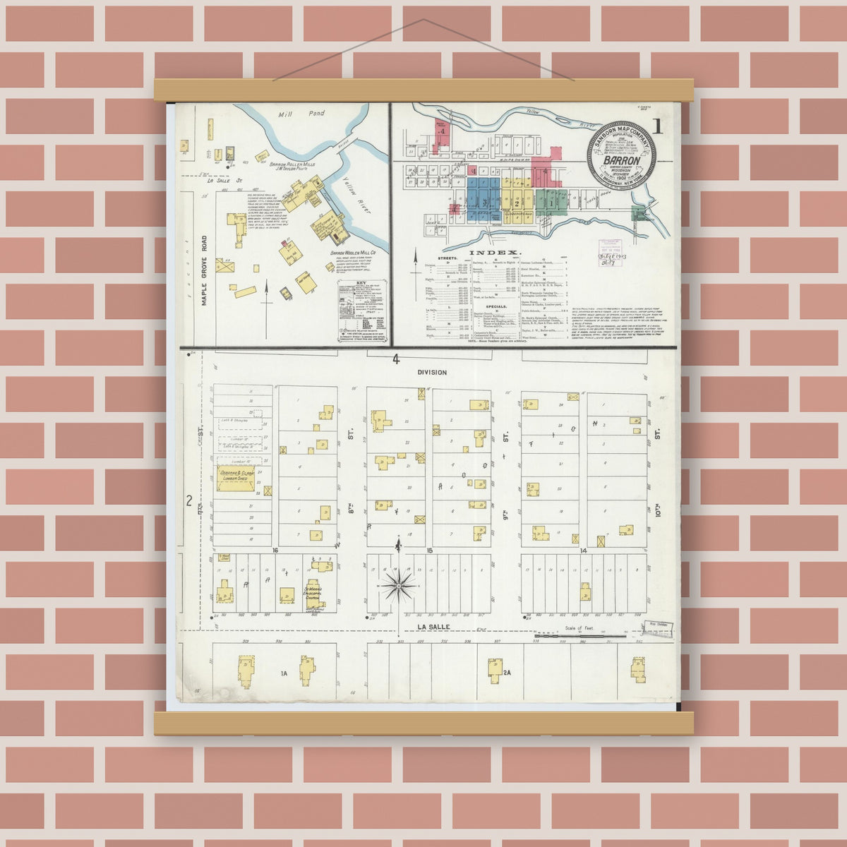Old map wall art mockup — magnetic wood frame on brick wall — Sanborn Fire Insurance Map from Barron, Barron County, Wisconsin (1892) - Complete Map Set