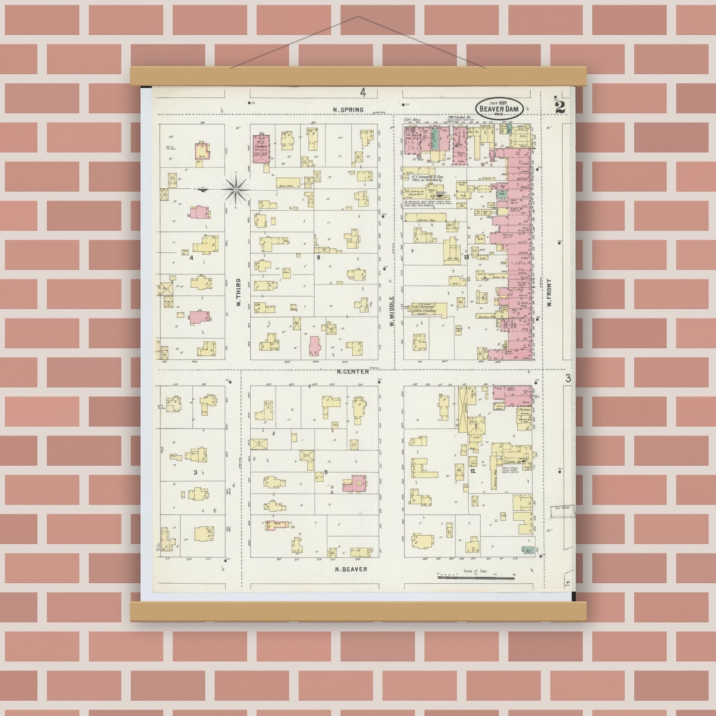Old map wall art mockup — magnetic wood frame on brick wall — Sanborn Fire Insurance Map from Beaver Dam, Dodge County, Wisconsin (1897), Sheet #0002