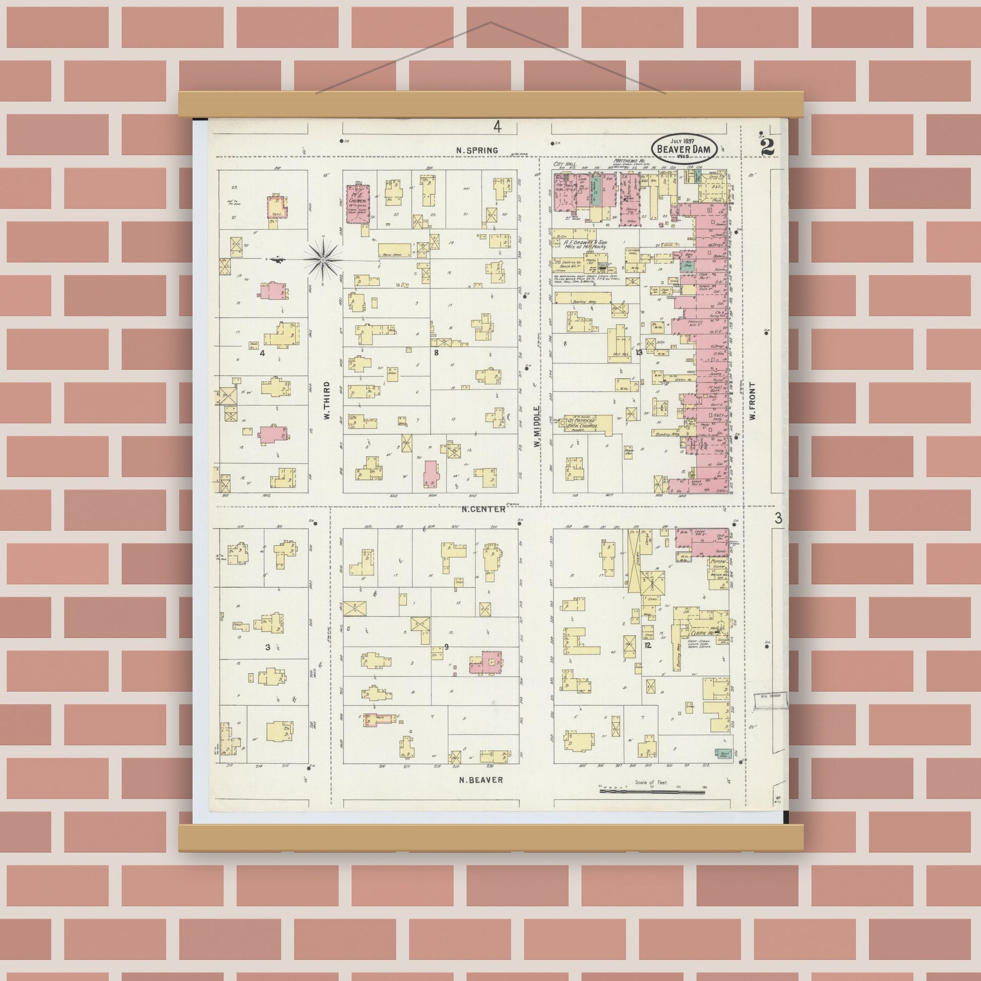 Old map wall art mockup — magnetic wood frame on brick wall — Sanborn Fire Insurance Map from Beaver Dam, Dodge County, Wisconsin (1897), Sheet #0002