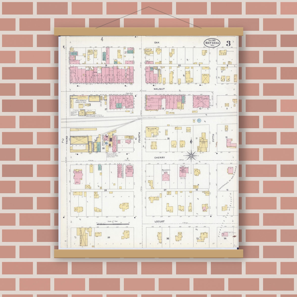 Old map wall art mockup — magnetic wood frame on brick wall — Sanborn Fire Insurance Map from Watseka, Iroquois County, Illinois (1905), Sheet #0003